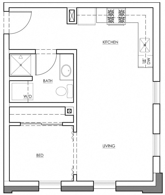 Floor plan for studio, 1 bath, 521 sqft